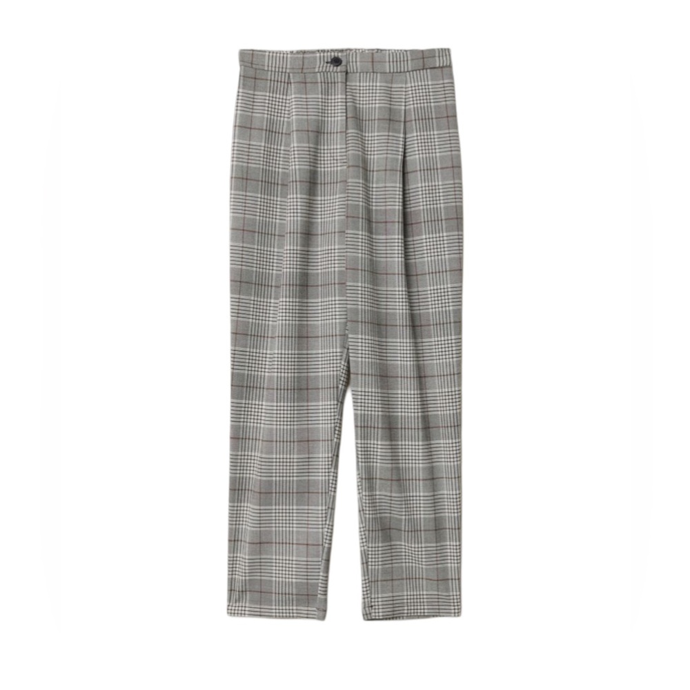 5/25$ Plaid beige, grey and black pleated tapered pants | H&M